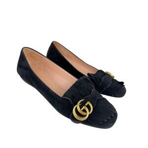 GUCCI Black Slip On Fringe Marmont Suede Designer Loafer Flats Shoes Sz 38.5